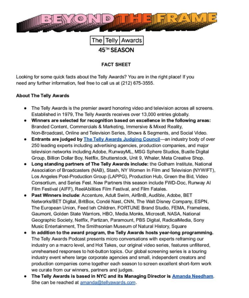 Promotional Image for the 45th Annual Telly Awards Fact Sheet